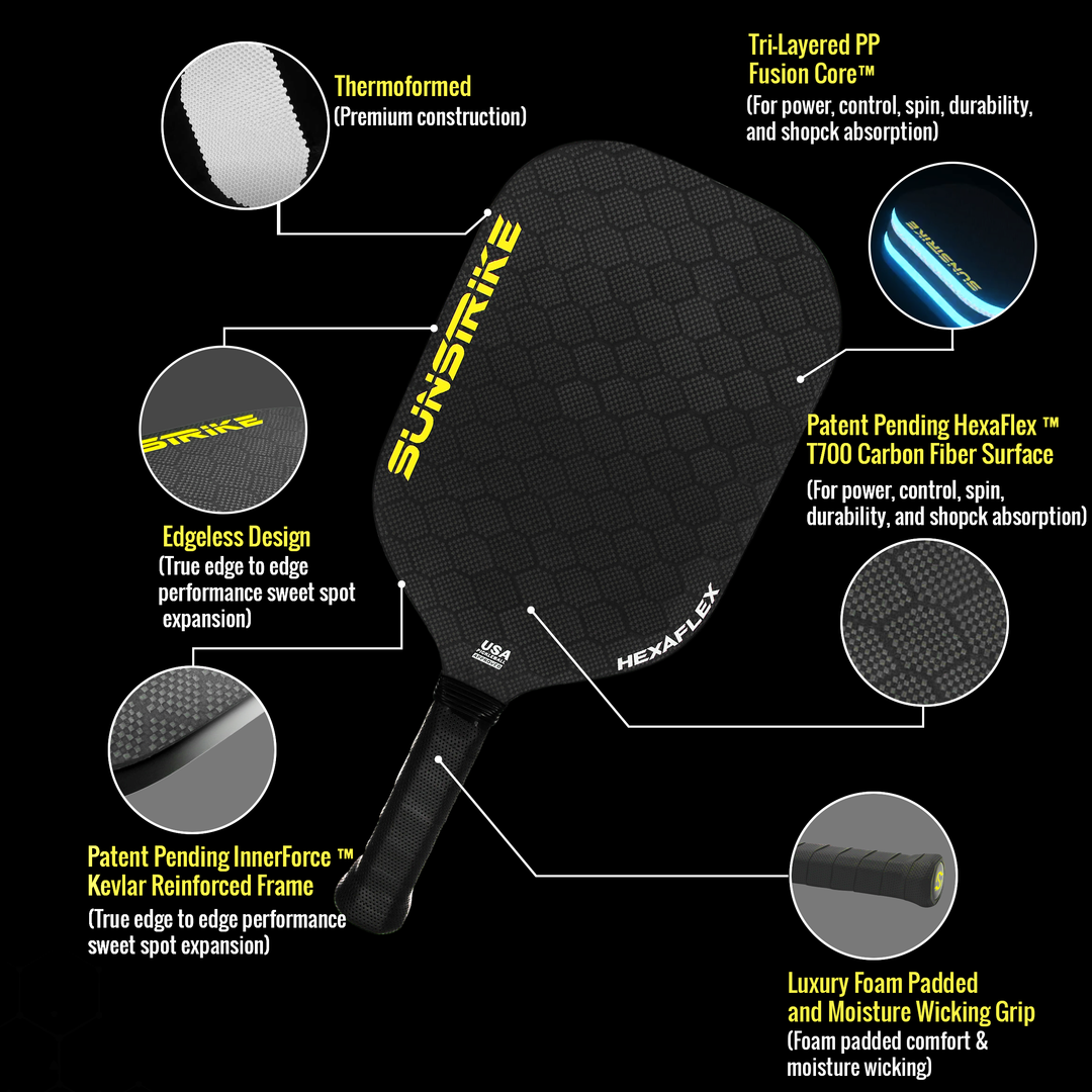 14mm Edgeless pickleball paddle with HexaFlex™ honeycomb carbon fiber surface